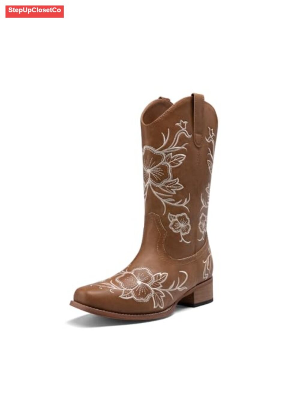 Women's Mid-Calf Western Cowboy Boots Faux Leather Floral Embroidery